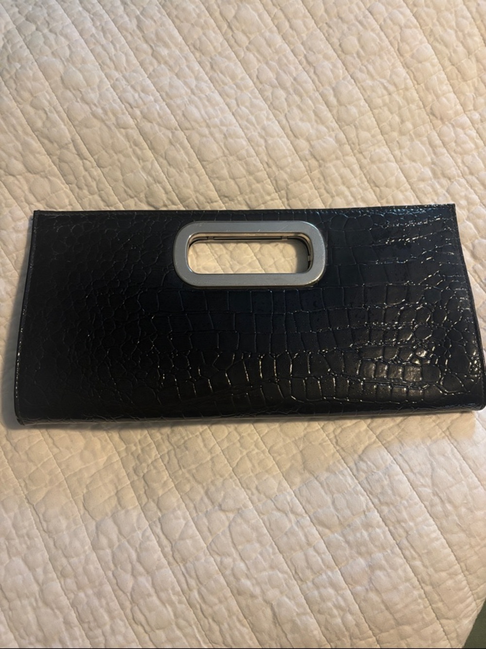 DSW Black Croc-Embossed Wristlet Clutch with Silver Handle Detail